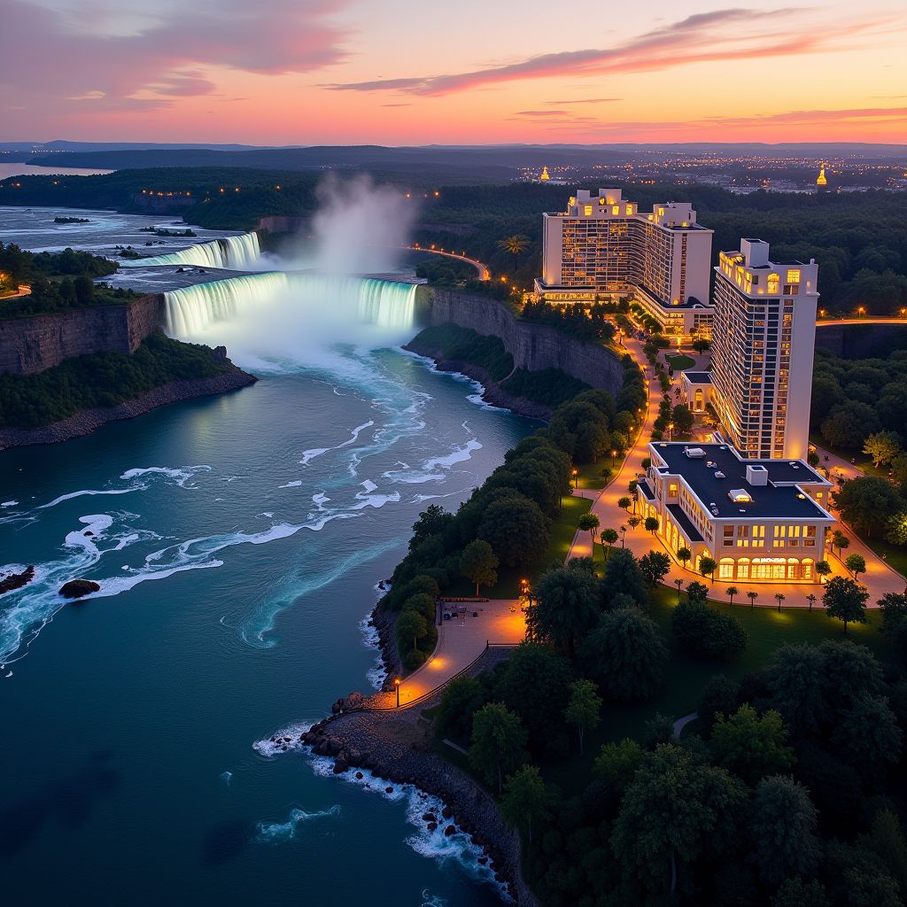 Aerial view of Riga hotel complexes at sunset with illuminated buildings and the majestic waterfall in the background, luxury resort architecture, vibrant tourism destination