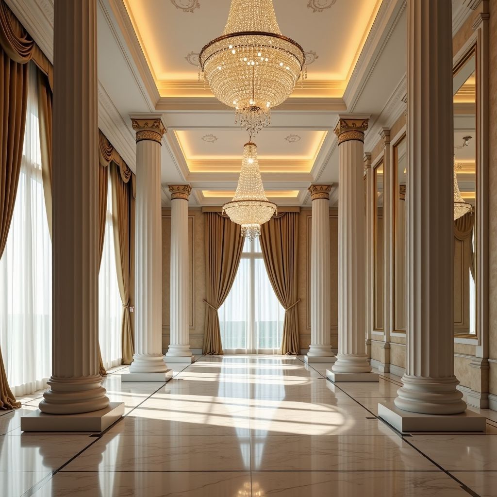 Luxurious event venue featuring grand ballroom with crystal chandeliers, elegant drapery, and sophisticated architectural elements including marble columns and polished floors