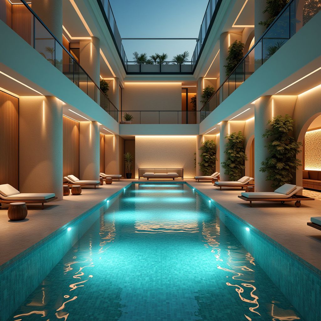 Luxurious spa and wellness center featuring modern architectural design with floor-to-ceiling windows, elegant indoor pool with mood lighting, comfortable lounging areas, and serene atmosphere