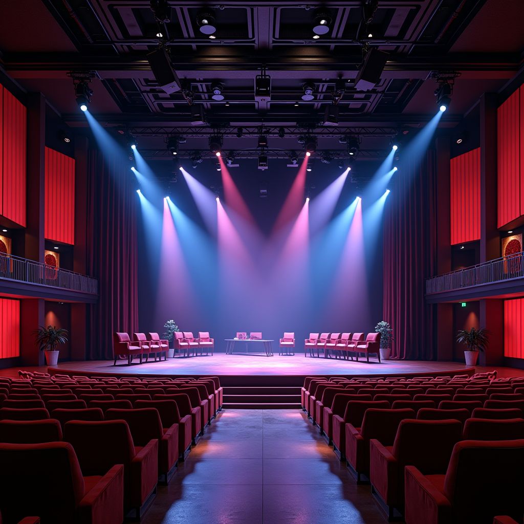 Sophisticated entertainment venue interior with dramatic stage lighting, elegant seating arrangements, state-of-the-art sound system, and luxurious decor creating vibrant atmosphere for live performances and themed events in upscale hospitality setting