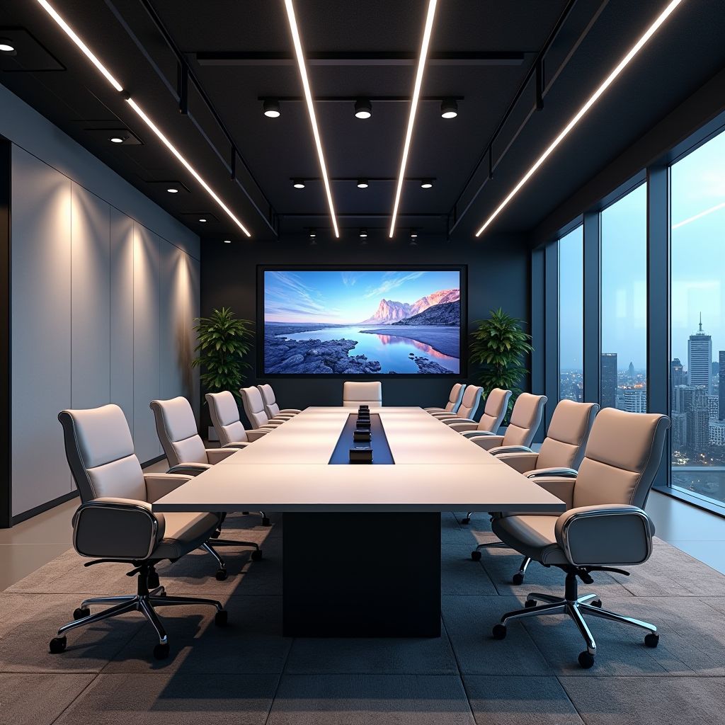Contemporary corporate conference room featuring sleek architectural design, large presentation screens, ergonomic seating arrangements, and state-of-the-art audiovisual equipment with professional lighting