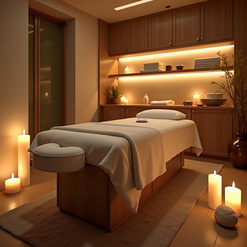 Serene spa treatment room with professional massage table, warm ambient lighting, natural stone elements, aromatic candles, and luxurious linens creating a peaceful healing environment