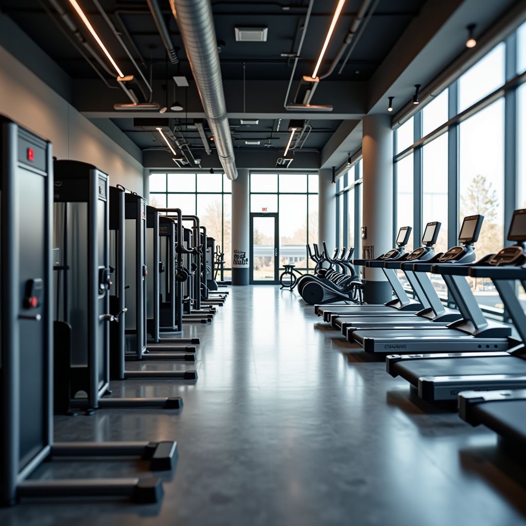 Contemporary fitness center featuring rows of premium cardio and strength training equipment, floor-to-ceiling windows with natural lighting, modern architectural design, and motivating atmosphere