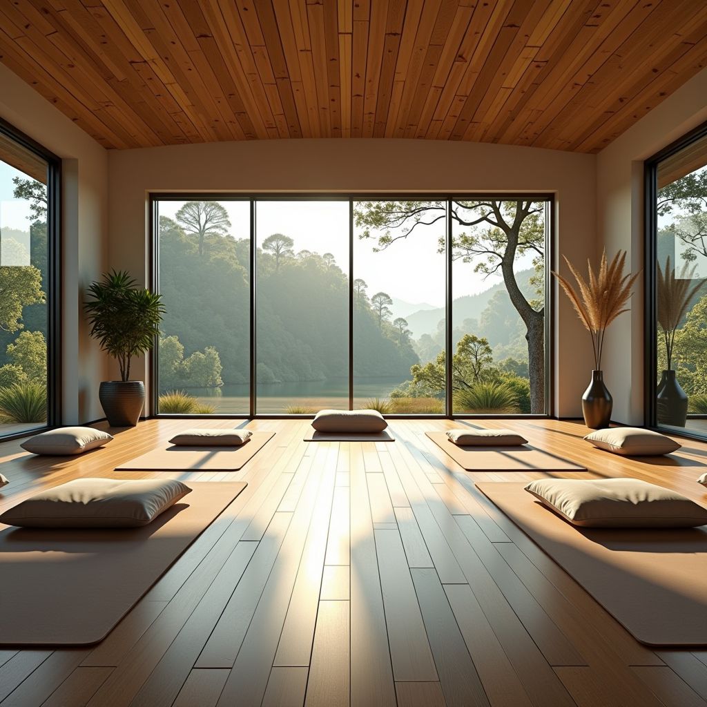 Peaceful yoga and meditation studio with bamboo flooring, floor-to-ceiling windows overlooking nature, yoga mats arranged in rows, meditation cushions, and calming natural decor creating tranquil atmosphere